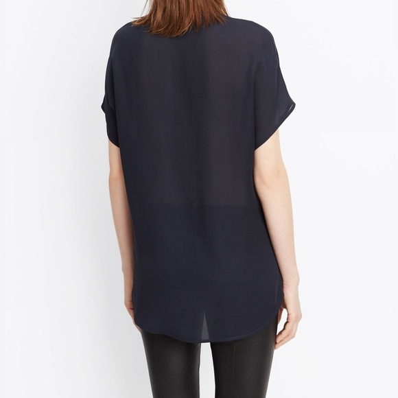 Vince 100% Silk Cap Sleeve Split Neck Sheer Tunic Length Blouse in Black - Small - Picture 2 of 8